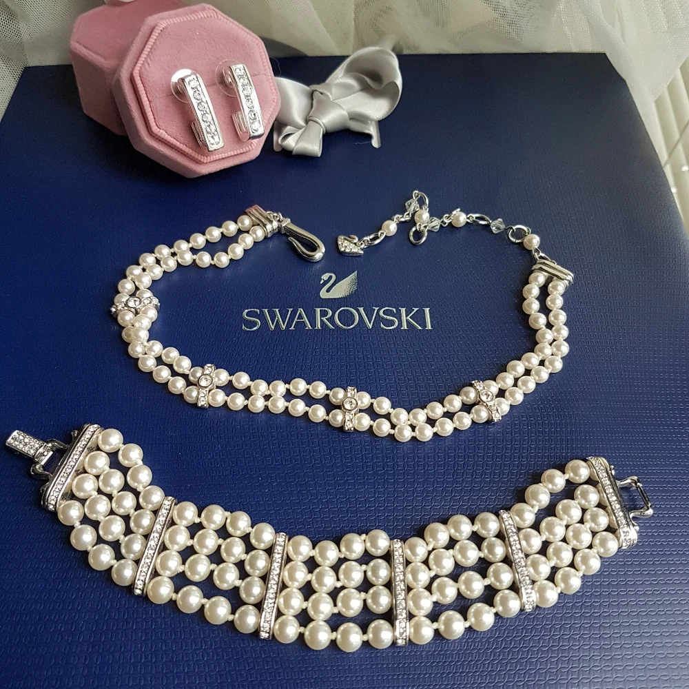 AUTHENTIC Swarovski Crystal Pearl Choker Necklace Tennis Bracelet Earrings SET - Picture 9 of 16